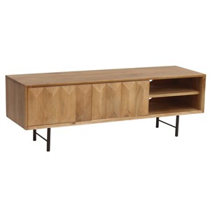 Meuble tv en bois clair manguier massif gravé et métal noir l120 cm agra