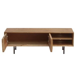 Meuble tv en bois clair manguier massif gravé et métal noir l120 cm agra