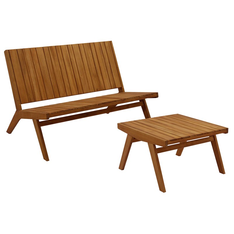 Salon de jardin banc 2 places et table basse en bois massif tidak