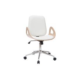 Chaise de bureau à roulettes blanc, bois clair et acier chromé glory