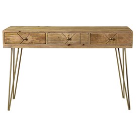 Console avec 3 tiroirs en bois manguier massif gravé l120 cm linium