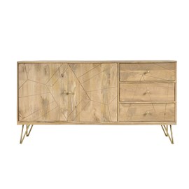 Buffet gravé en bois manguier massif et métal doré l145 cm linium