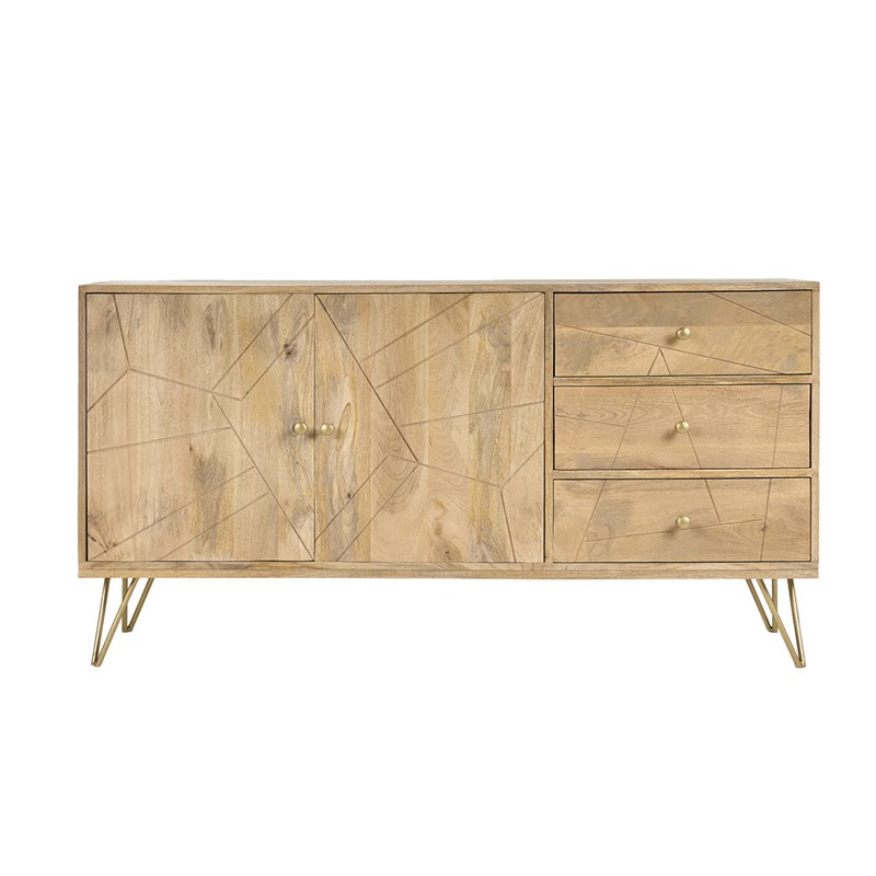 Buffet gravé en bois manguier massif et métal doré l145 cm linium