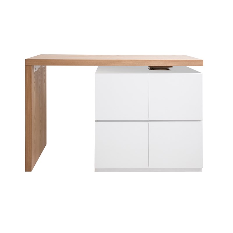 Table de bar modulable avec rangement blanc mat et bois clair l140-165 cm max