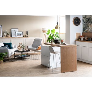 Table de bar modulable avec rangement blanc mat et bois clair l140-165 cm max
