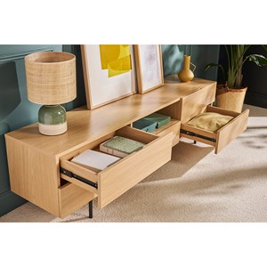 Meuble tv avec rangements finition bois clair chêne et métal noir l180 cm alaska