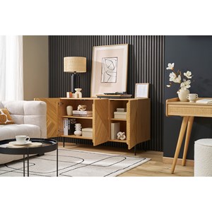 Buffet en bois clair chêne massif gravé et métal noir 3 portes l135 cm archipel