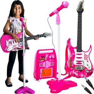 Pack guitare électrique pour enfant avec microphone et amplificateur rose