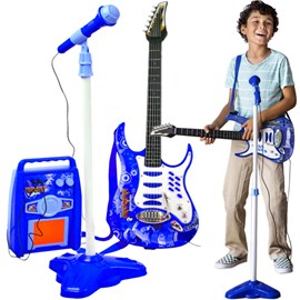 Pack guitare électrique enfant avec microphone et amplificateur bleu
