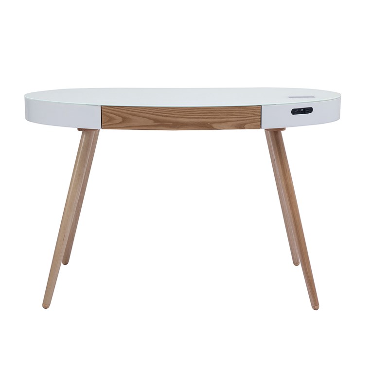Bureau connecté multimédia verre blanc et bois clair l120 cm handy