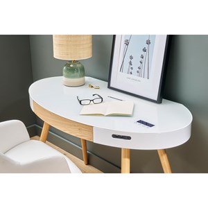 Bureau connecté multimédia verre blanc et bois clair l120 cm handy