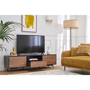 Meuble tv bois foncé noyer, noir mat et métal noir 2 portes l160 cm mermoz