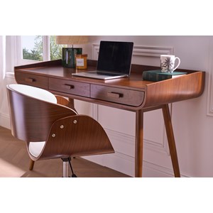 Chaise de bureau à roulettes blanc, bois foncé noyer et acier chromé bent