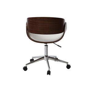 Chaise de bureau à roulettes blanc, bois foncé noyer et acier chromé bent