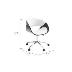 Chaise de bureau à roulettes blanc, bois foncé noyer et acier chromé bent