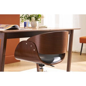 Chaise de bureau à roulettes noir, bois foncé noyer et acier chromé  bent