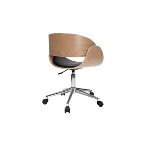 Chaise de bureau à roulettes noir, bois clair et acier chromé bent