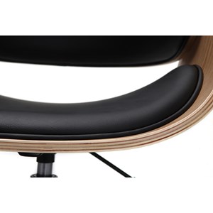 Chaise de bureau à roulettes noir, bois clair et acier chromé bent