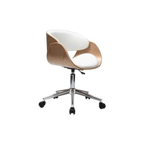 Chaise de bureau à roulettes blanc, bois clair et acier chromé bent