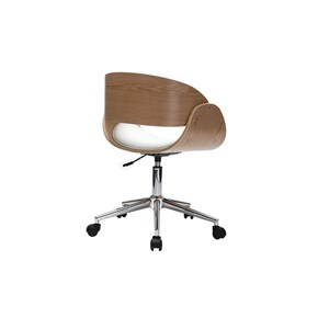 Chaise de bureau à roulettes blanc, bois clair et acier chromé bent