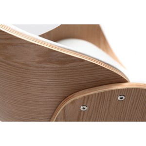 Chaise de bureau à roulettes blanc, bois clair et acier chromé bent