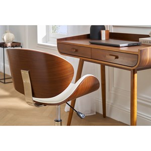 Chaise de bureau à roulettes blanc, bois foncé noyer et acier chromé walnut