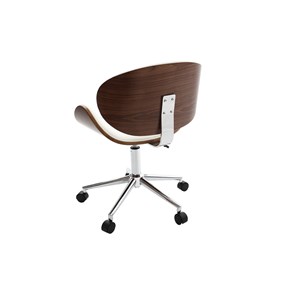 Chaise de bureau à roulettes blanc, bois foncé noyer et acier chromé walnut