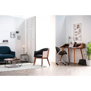 Chaise de bureau à roulettes noir, bois foncé noyer et acier chromé walnut