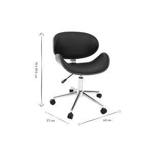 Chaise de bureau à roulettes noir, bois foncé noyer et acier chromé walnut