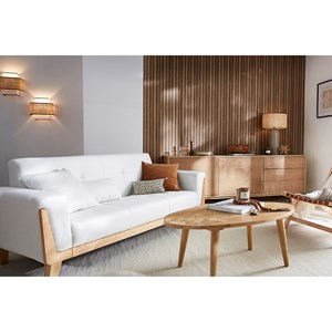 Canapé 3 places en tissu effet velours blanc cassé et bois clair fjord