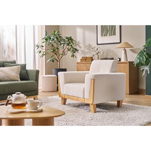 Fauteuil en tissu effet velours blanc cassé et bois clair fjord