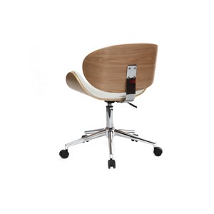 Chaise de bureau à roulettes blanc, bois clair et acier chromé walnut