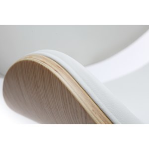 Chaise de bureau à roulettes blanc, bois clair et acier chromé walnut