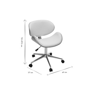 Chaise de bureau à roulettes blanc, bois clair et acier chromé walnut