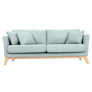 Canapé déhoussable 3 places en tissu vert lagon et bois clair oslo