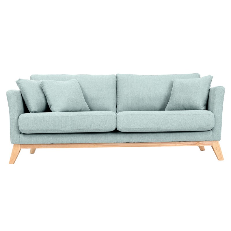 Canapé déhoussable 3 places en tissu vert lagon et bois clair oslo