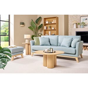 Canapé déhoussable 3 places en tissu vert lagon et bois clair oslo