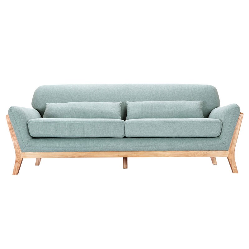 Canapé 3 places en tissu vert lagon et bois clair yoko