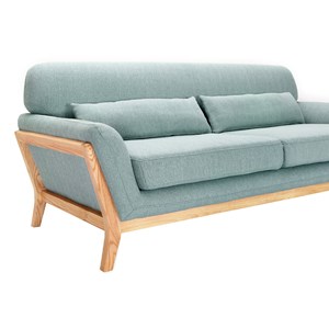 Canapé 3 places en tissu vert lagon et bois clair yoko