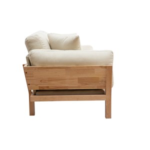 Canapé déhoussable 3 places en tissu blanc crème et bois clair kyo