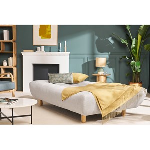 Canapé convertible 3 places en tissu gris clair et bois clair yumi