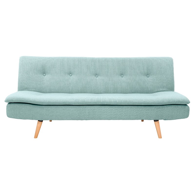 Canapé convertible 3 places en tissu vert lagon et bois clair senso