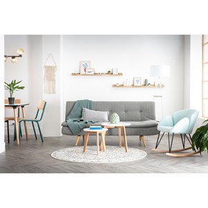 Canapé convertible 3 places en tissu vert lagon et bois clair senso