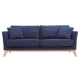 Canapé déhoussable 3 places en tissu bleu foncé et bois clair oslo