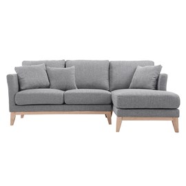 Canapé d'angle droit déhoussable 4 places en tissu gris clair et bois clair oslo