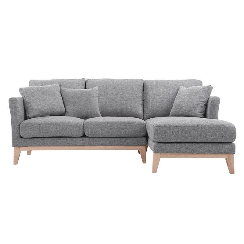 Canapé d'angle droit déhoussable 4 places en tissu gris clair et bois clair oslo