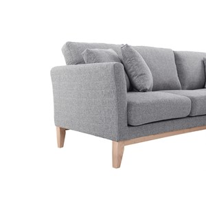 Canapé d'angle droit déhoussable 4 places en tissu gris clair et bois clair oslo