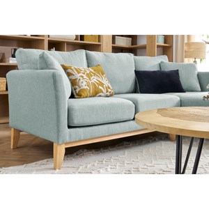 Canapé d'angle droit déhoussable 4 places en tissu vert lagon et bois clair oslo