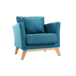 Fauteuil déhoussable en tissu bleu canard et bois clair oslo