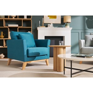 Fauteuil déhoussable en tissu bleu canard et bois clair oslo